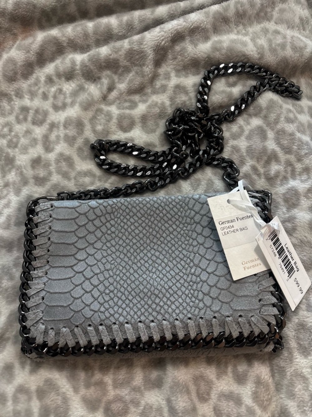 NWT gray German Fuentes chain Snake-Embossed Leather Crossbody Bag